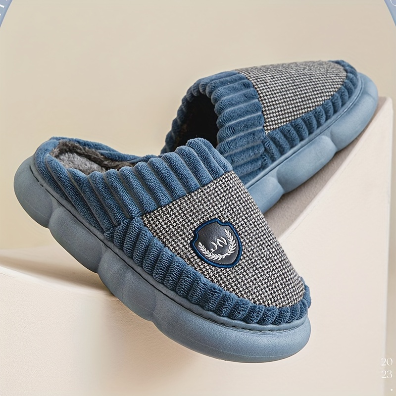 Vintage Houndstooth Round Toe Memory Foam Slippers - Soft, Plush, Cozy, Anti-skid, Slip-on Shoes for Men - Winter Indoor Shoes with Fabric Insole, PVC