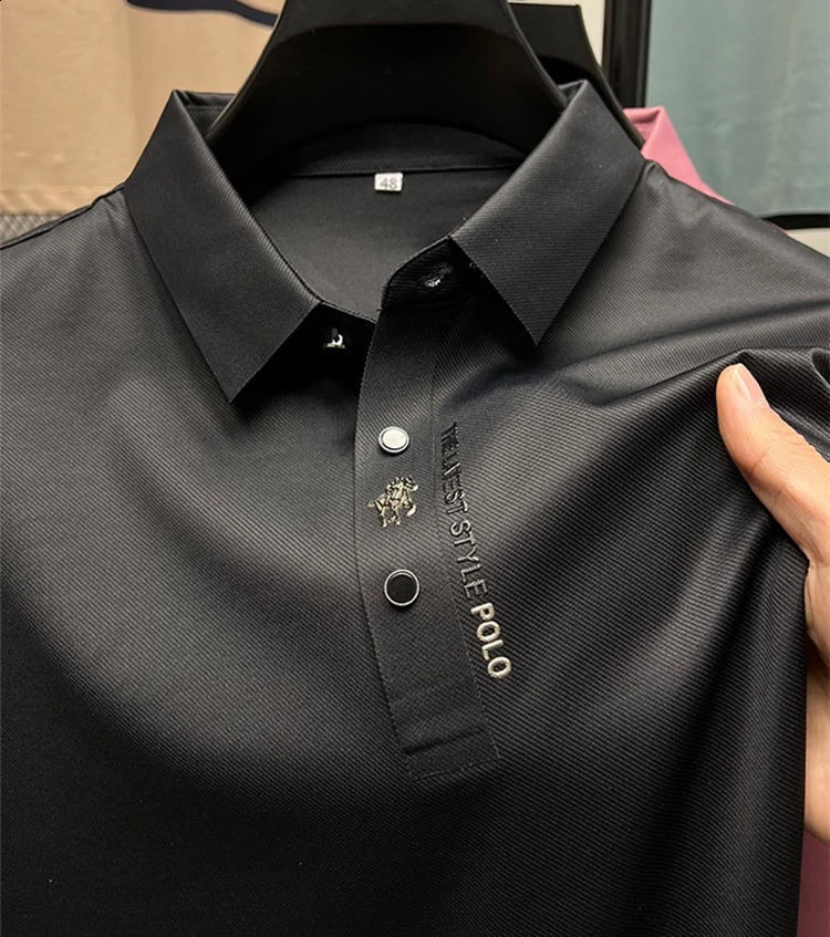 High end printed polo shirt mens short sleeved summer fashion business casual seamless ice silk breathable Tshirt 240828