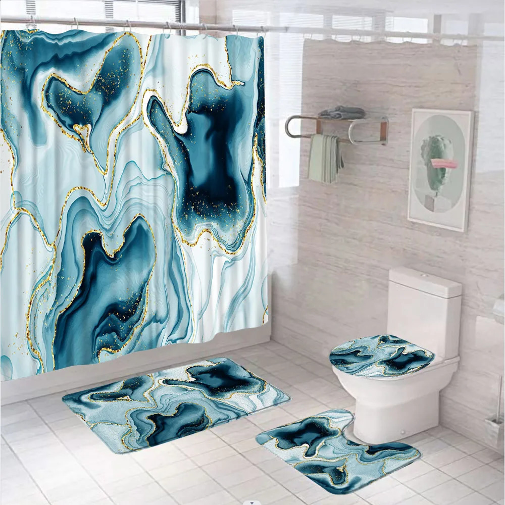 4piece pink marble shower curtain set anti slip carpet toilet seat bathroom cushion decoration accessories 240828