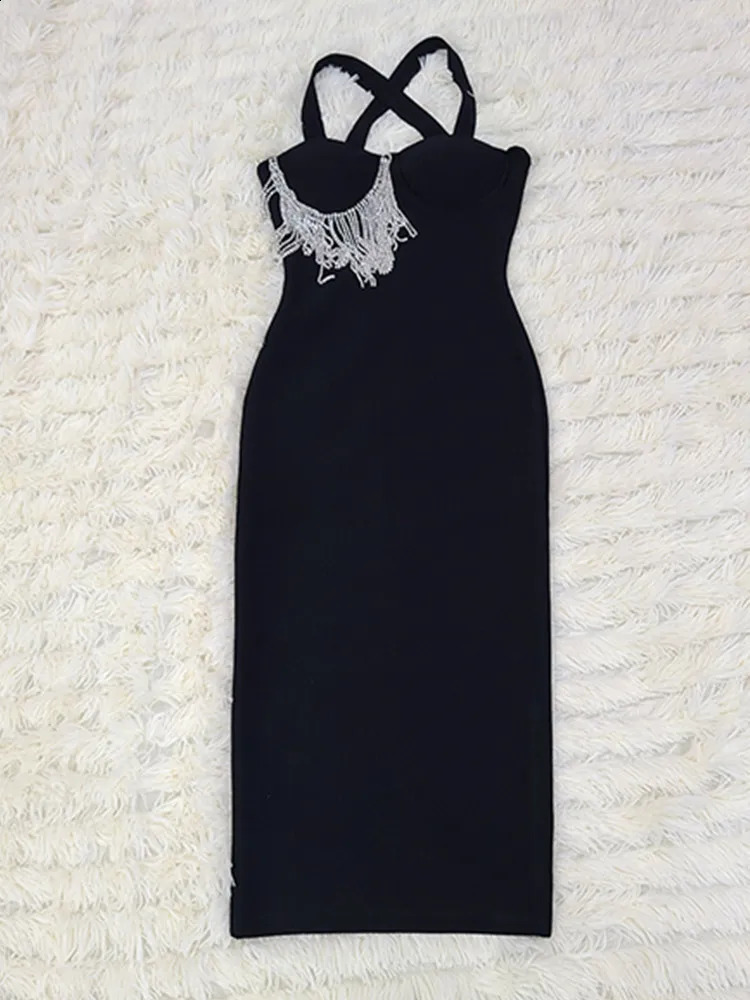 Women Summer Sexy Key Hole Diamonds Tassel Crystal Midi Black Bodycon Bandage Dress Elegant Evening Party Dress Vestido 240828