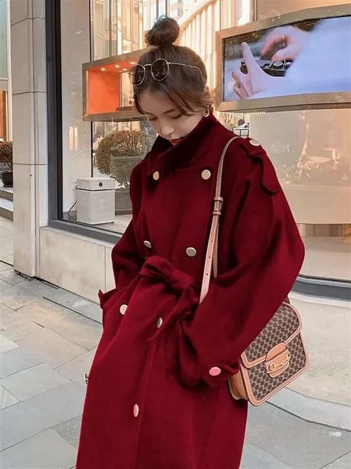 Advanced wool coat womens autumn winter button double-layer breathable long sleeved mid length knee length wool coat 240828