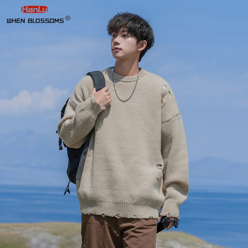 Retro Loose Hole Piercing n Sweater Solid Knitted Jumper Mens Harajuku Hip Hop Super Large Pulling Black Sweater 240829