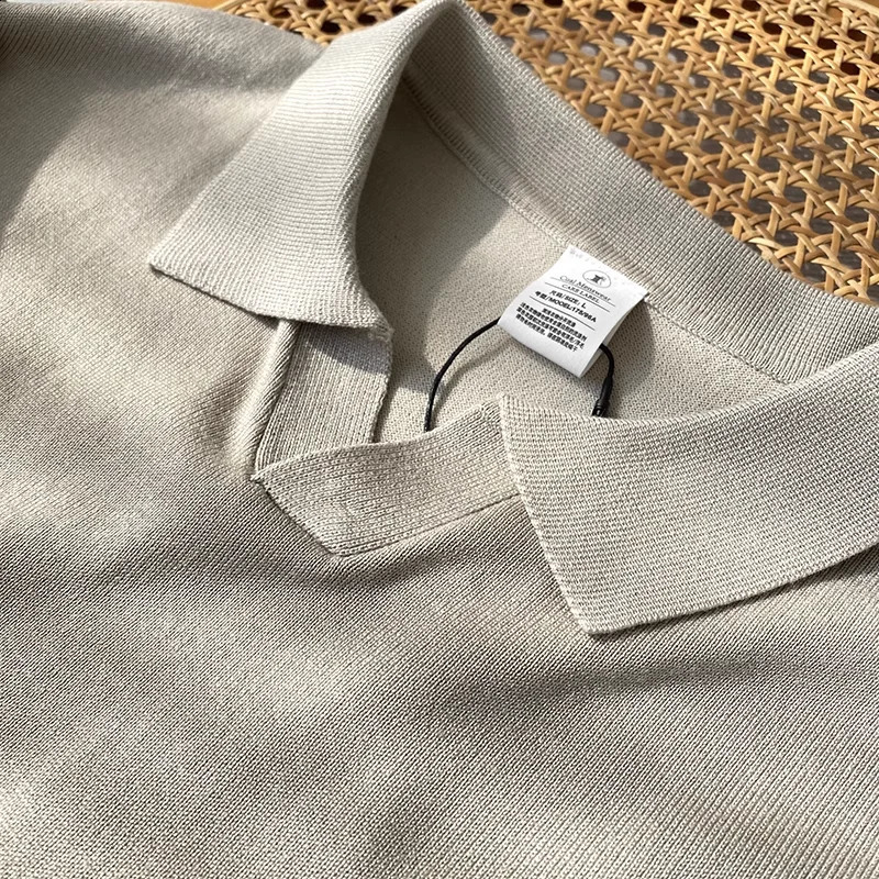 Spring and summer mens casual Vneck knitted short sleeved polo shirt 240828