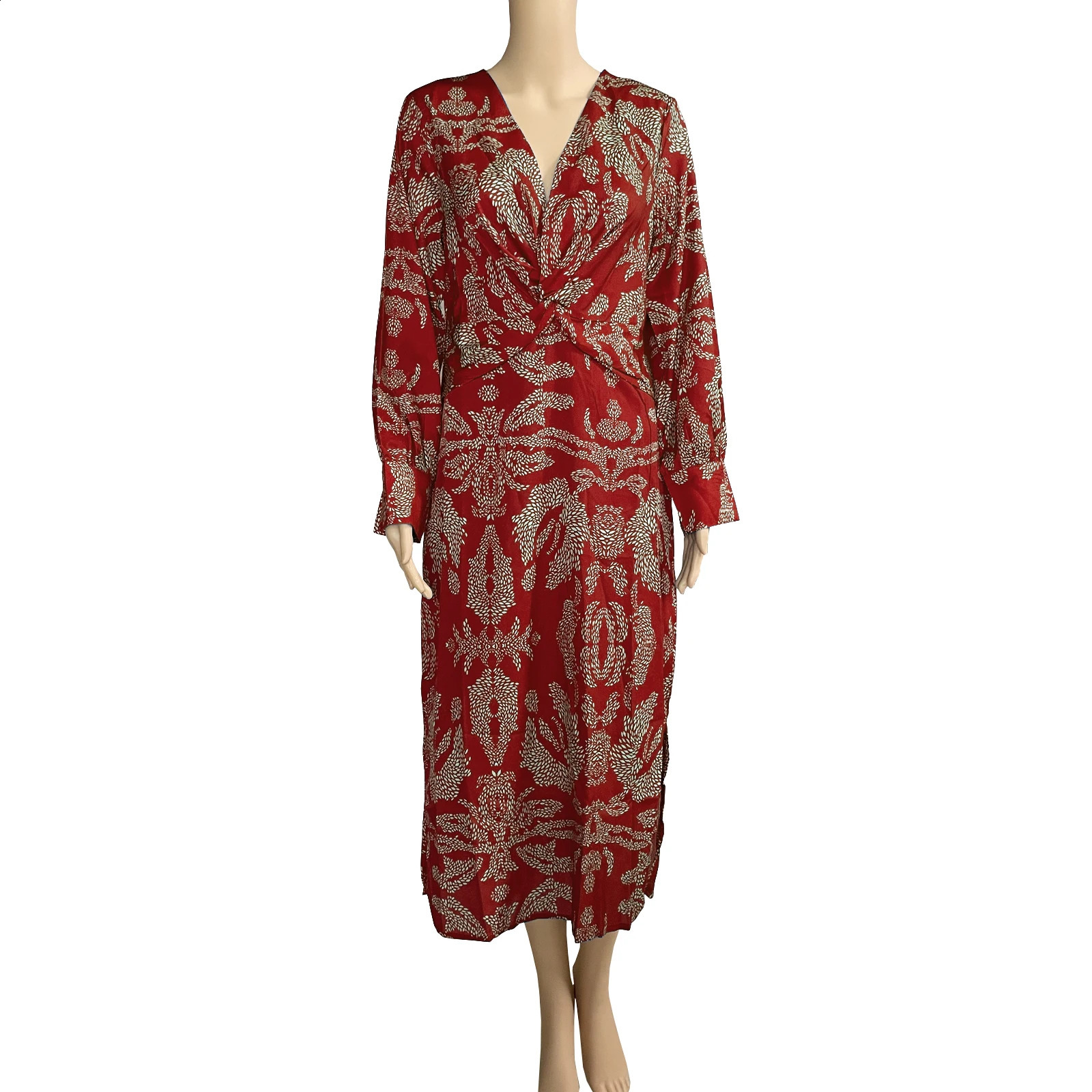 Elegant Street Clothing Printed Womens Fashion Ultra Thin Midi Retro Vneck Long Sleeve Spring Summer Dress 240828