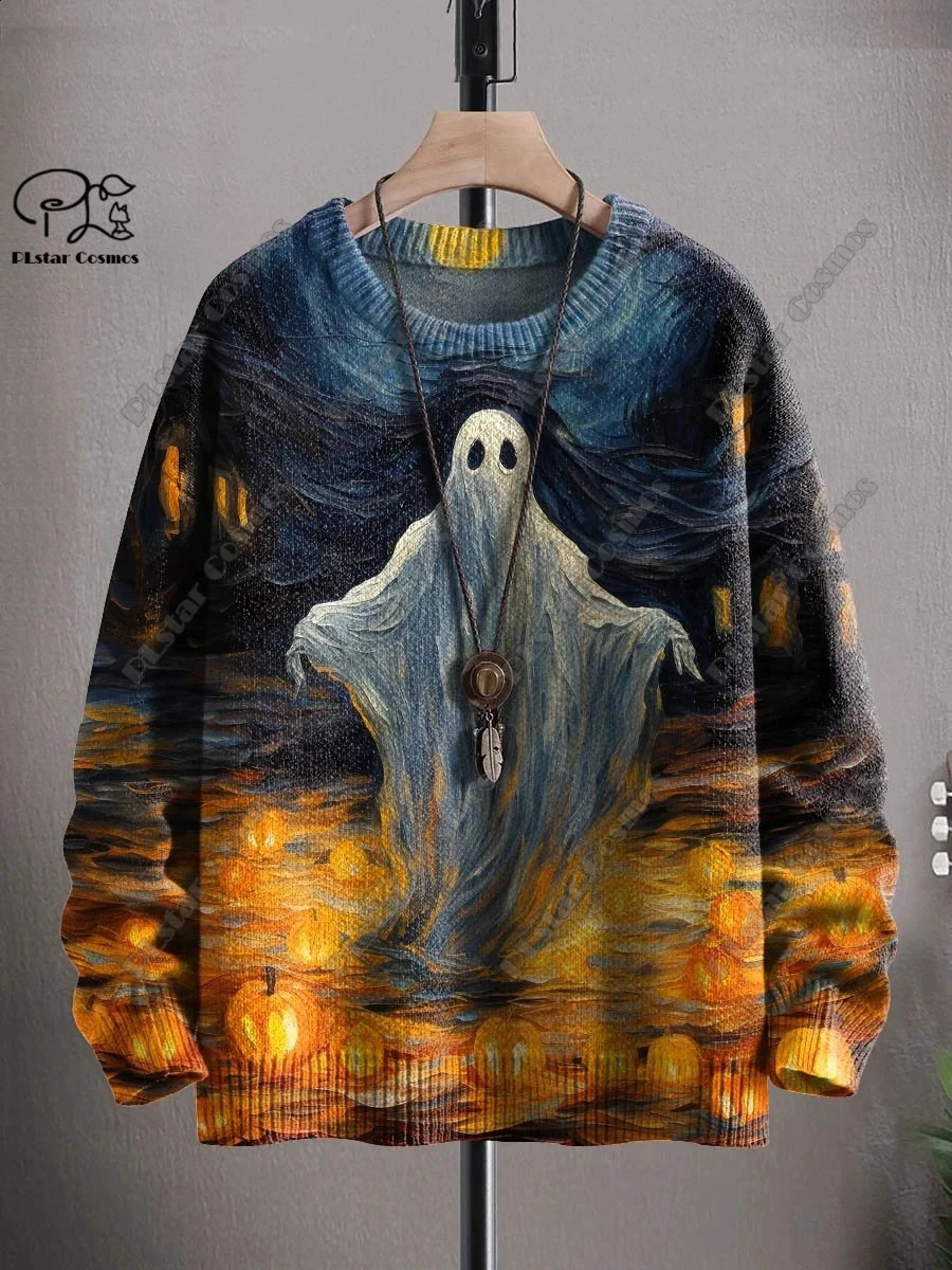 3D printing Halloween series horror ghost skeleton witch black cat pattern ugly sweater street casual winter sports shirt W-1 240829