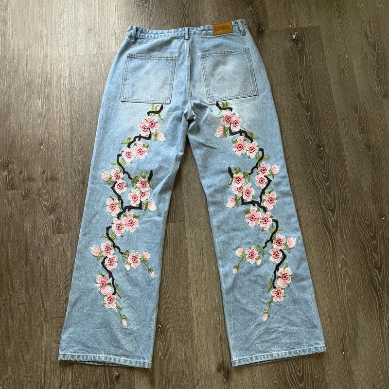 Y2K Harajuku jeans retro cherry blossom embroidery pattern hip-hop streetwear mens Gothic casual straight leg jeans 240829