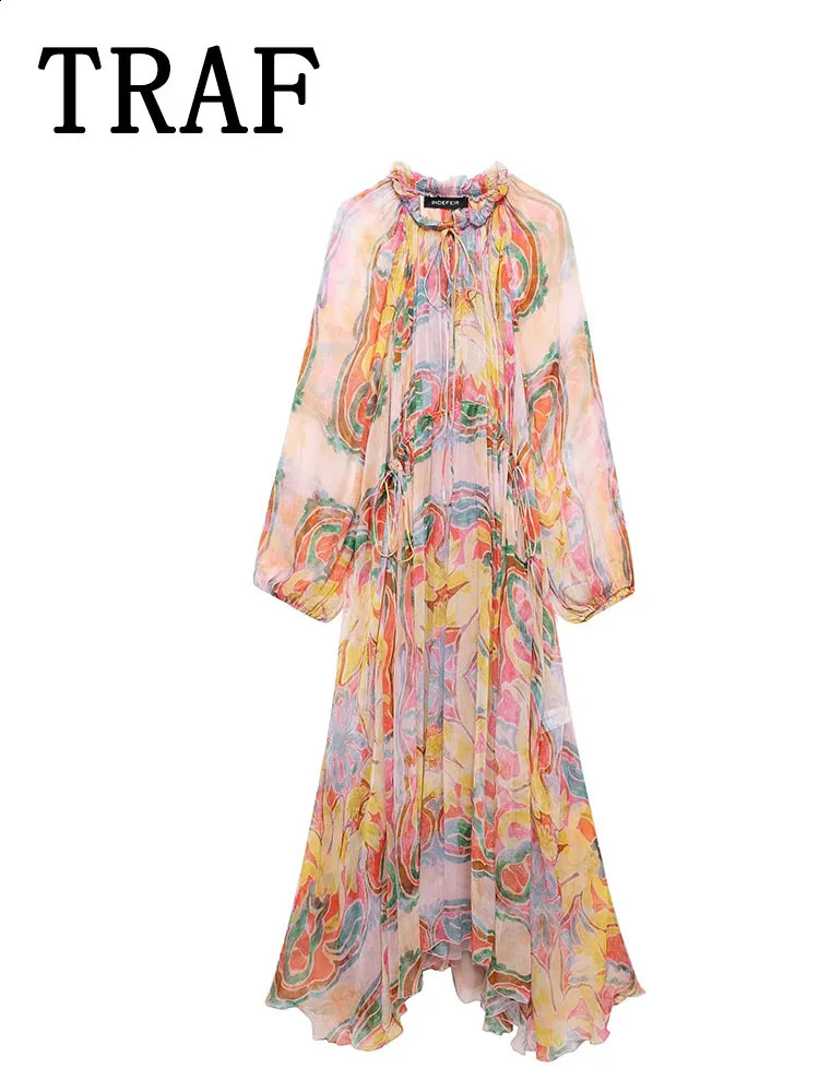TRAF Womens Summer Midi Printed Long Sleeve Casual Elegant Party Dress 240828
