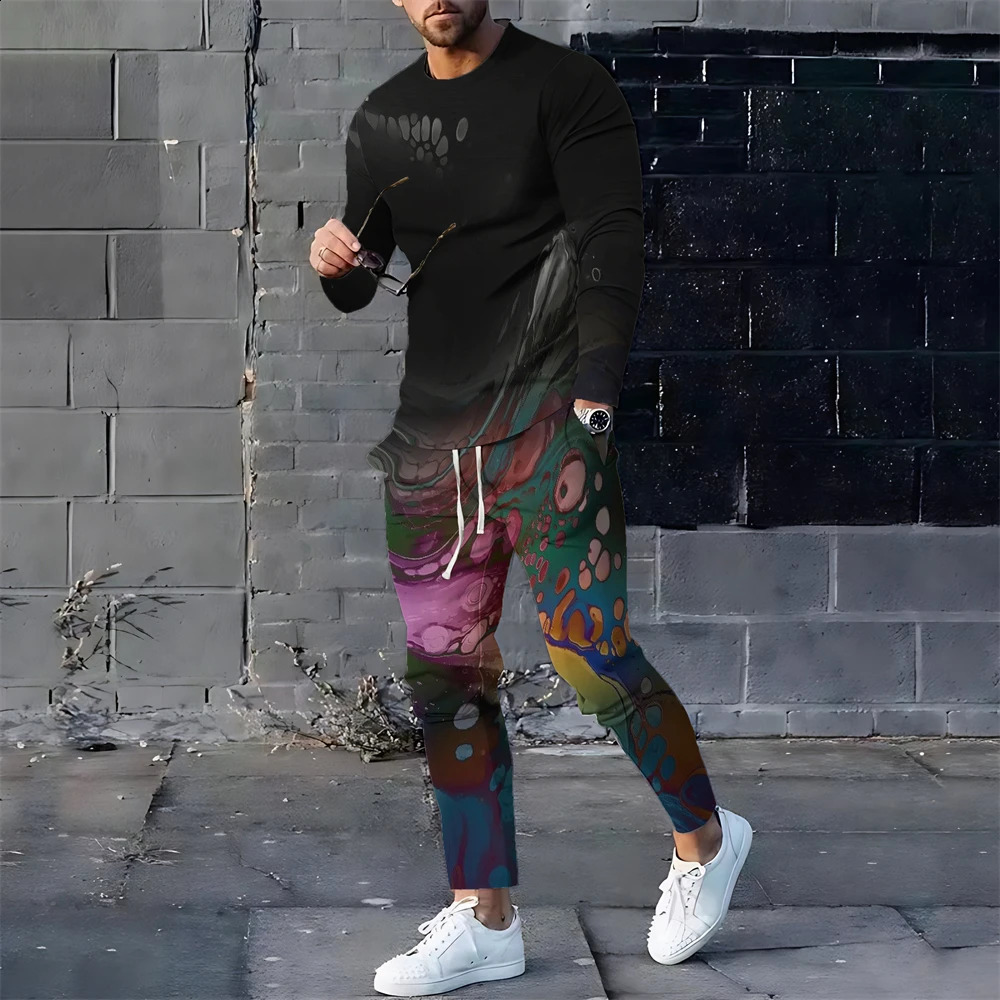 Spring And Autumn Mens Tracksuit Graffiti Set Fashion Oversized Long Sleeve T-shirtsLong Sweatpants Casual Streetwear Clothing 240828