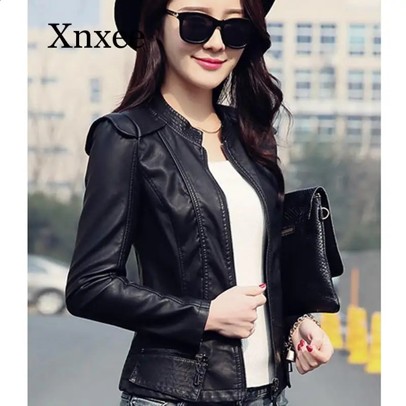 burgundy Women Pu Leather Short Slim Jacket Round Neck Zipper Coat Female Outerwear Fashion Jacke M-2XL red slim coat moto 240828