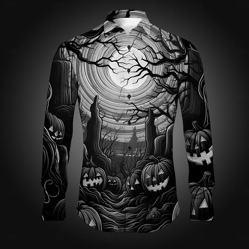 Party Magic Skeleton Mens Long Sleeve Shirt Halloween Pumpkin Bird 3D Printed Button Trend Cool Fashion Beach Party Top 240829