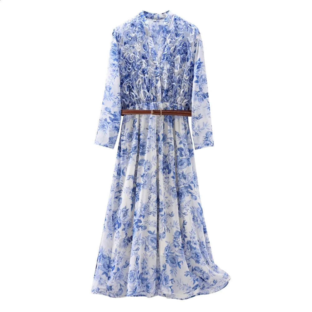 Zach Ailsa Summer Womens Fashionable Elegant Simple Vneck Long sleeved Dress with Layered Printed Slim Fit 240828