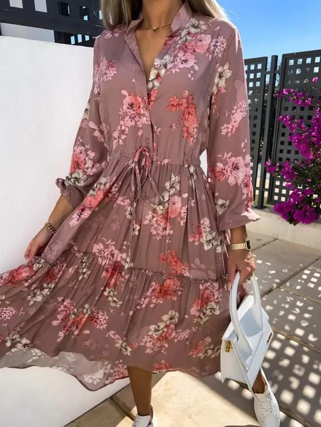 Womens clothing spring and summer fashion color Vneck long sleeved printed waist floral lace dress with large swing 240828
