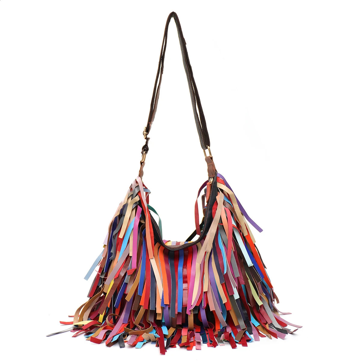 Colorful Real Sheepskin Shoulder Bags For Women Large Casual Slouchy Hobo Handbags Patchwork Leather Tassel Cross Body Purses 240829