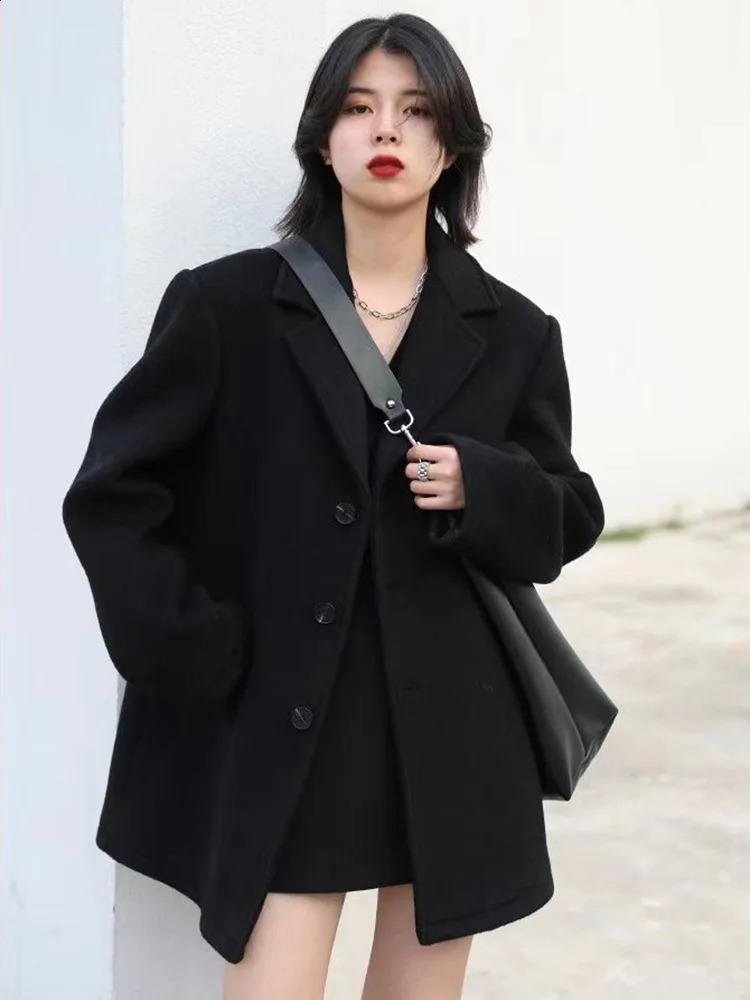 Korean Warm Medium length Wool Set Coat Thick V-neck Womens Loose Park Winter Single breasted Wool Blended Jacket Casaco 240828