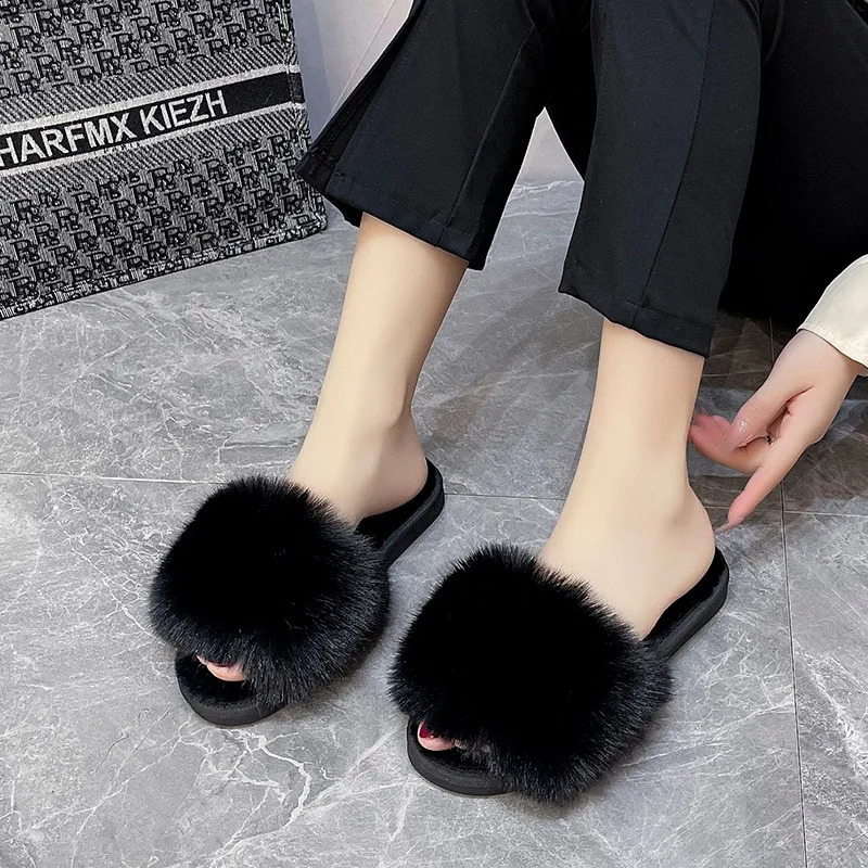 womens slippers winter simple word fur apartment soft home womens slippers artificial fur warm bedroom casual womens shoes 240827