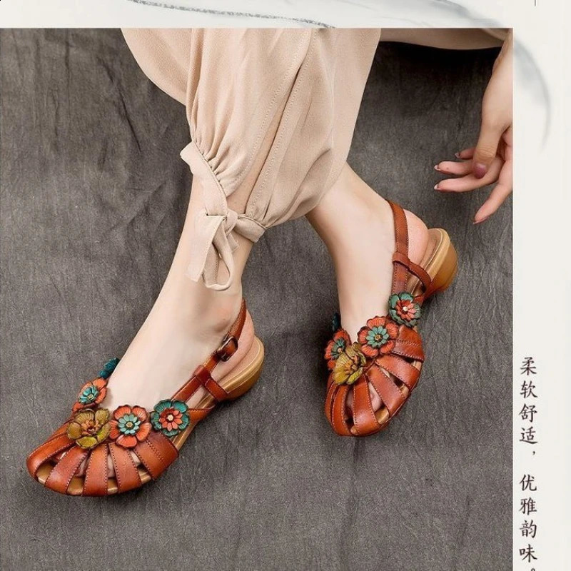 Bow head hollow womens buckle low foot flower after travel comfortable anti slip wear-resistant womens sandals 240827