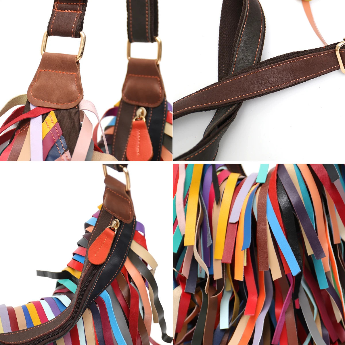 Colorful Real Sheepskin Shoulder Bags For Women Large Casual Slouchy Hobo Handbags Patchwork Leather Tassel Cross Body Purses 240829