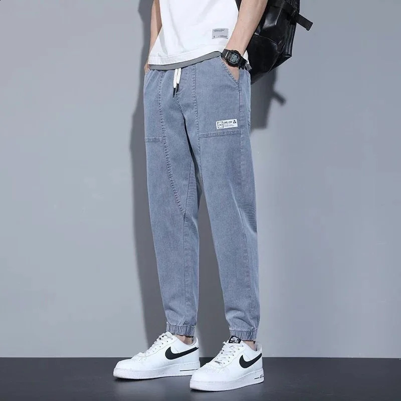 Mens loose long leg label fashionable cut jeans letter printing drawstring denim cargo pants 240829
