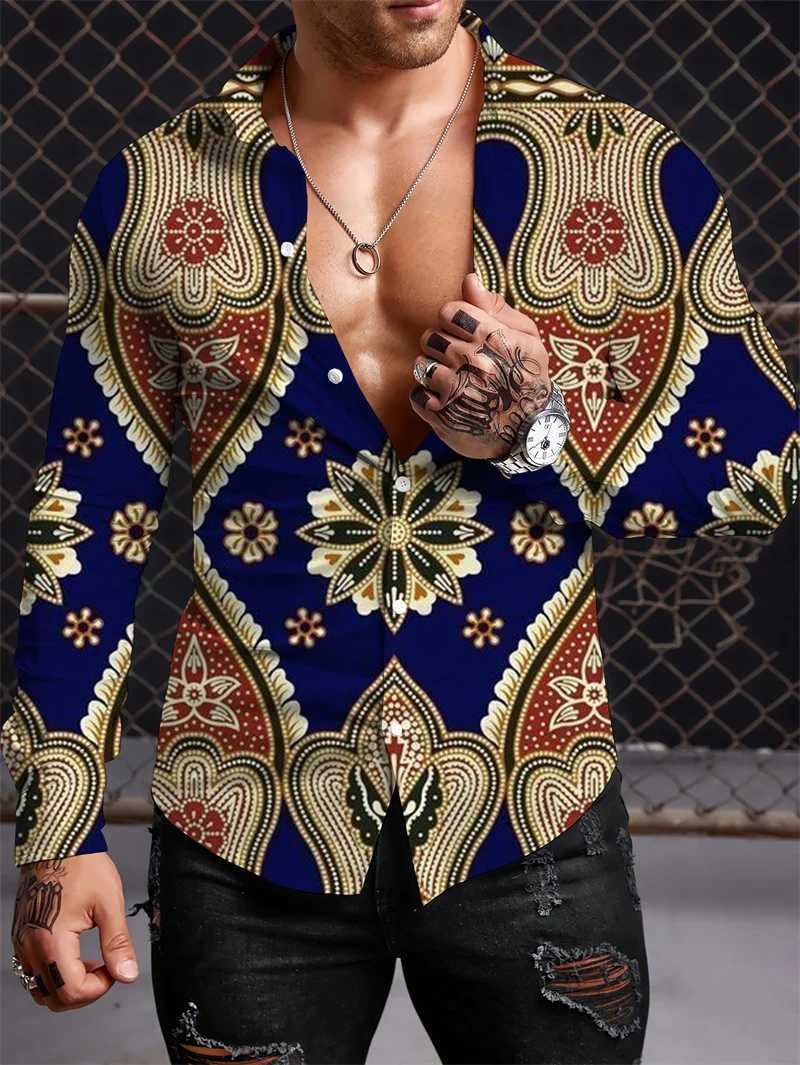 2023 Mens Long Sleeve Shirt Harajuku Vintage Pattern Polo Collar Fashion Casual Luxury Top S-5XLXJ240828