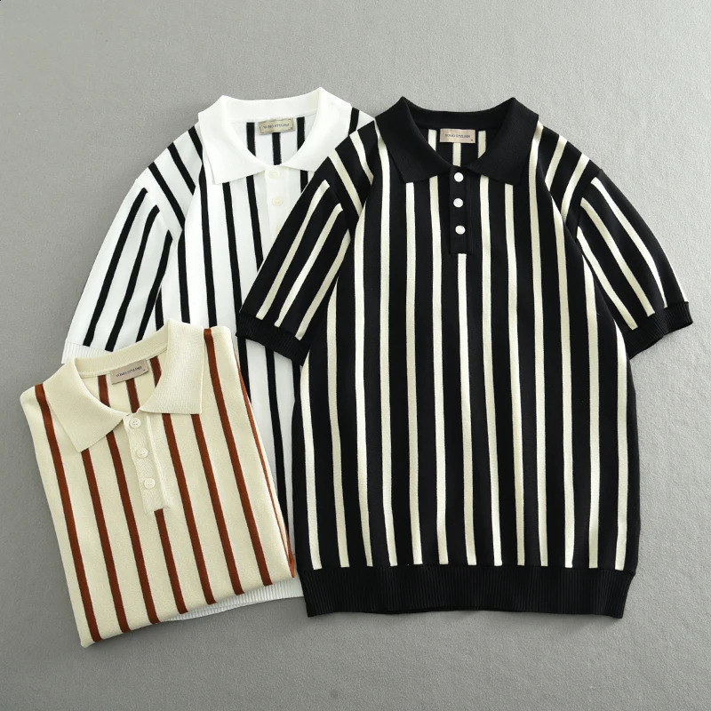 Cool and breathable striped knitted mens polo shirt summer fashion short sleeved slim fit business style top 24ss Y2k young 240828