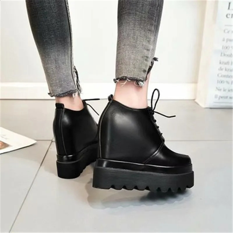 High Platform Patent Leather Casual Shoes Women Autumn Wedge Trainers For Women 12 CM Height Increasing Sneakers Black 240827