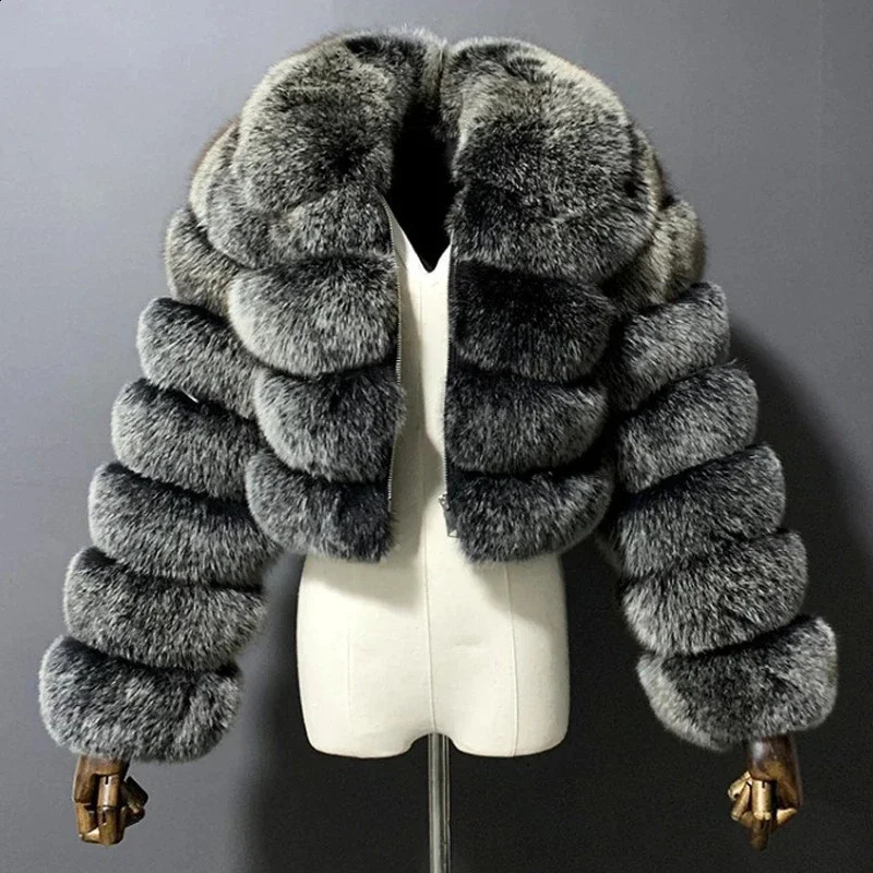 Casual white black fluffy winter faux fur coat womens short jacket long sleeved cut 240828