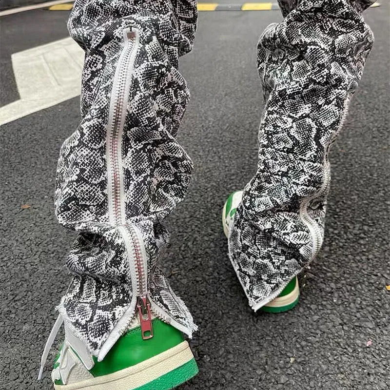 Y2K Streetwear Snake Graphic Baggy Zipper Ripped Jeans Pants For Men Clothing Straight Cotton Long Trousers Pantalon Homme 240828