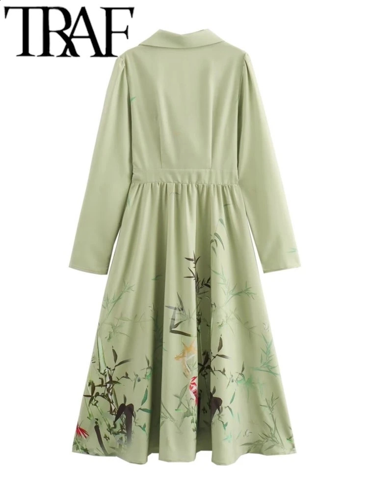 TRAF Womens Fashion Bamboo Leaf Printed Temperature Long Sleeve Dress Casual Slimming Midi Vestidos 240828