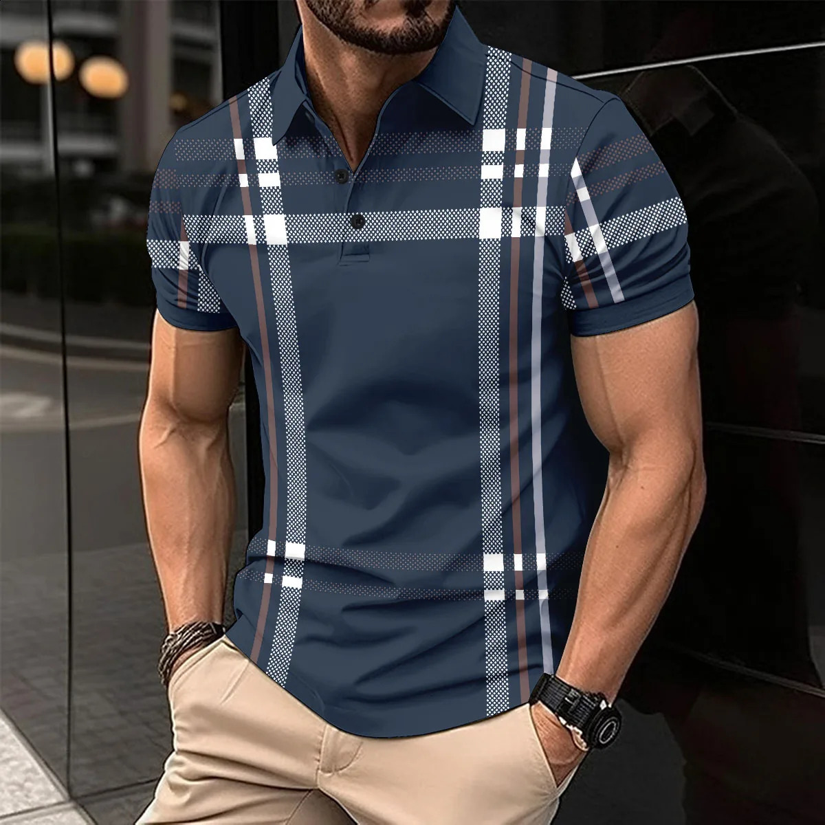 Summer MenS Polo Shirt Plaid Business Casual Simple Lapel Button-Down Shirt street Style Short-Sleeved Clothing Fashion Top 240828