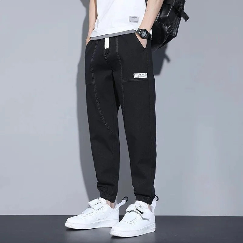Mens loose long leg label fashionable cut jeans letter printing drawstring denim cargo pants 240829