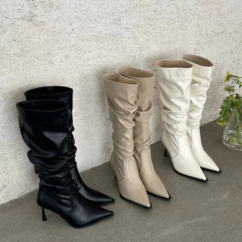Womens Pointy pleated boots high heels black womens knee high heels womens autumn fashion slim high heels womens Pointy rubber boots 240827