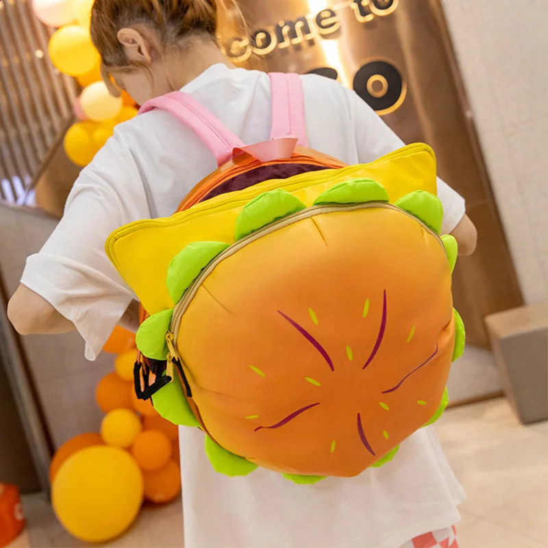 Cartoon cheese burger backpack from multiple companies cute large capacity and fun plush burger backpack for children and adults 240829