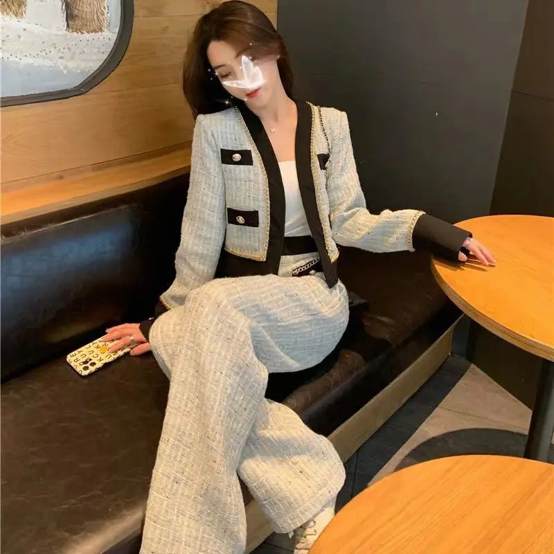 V Neck Tweed Jacket Women Top Korean Wide Leg Plaid Pants Vintage Striped Coat Y2k Two Piece Sets Womens Outifits 240828