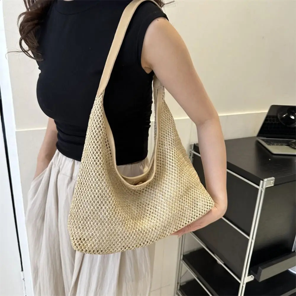 Purses Woven Bag Casual Bucket Straw Underarm Large Capacity Solid Color Shoulder Women y240828