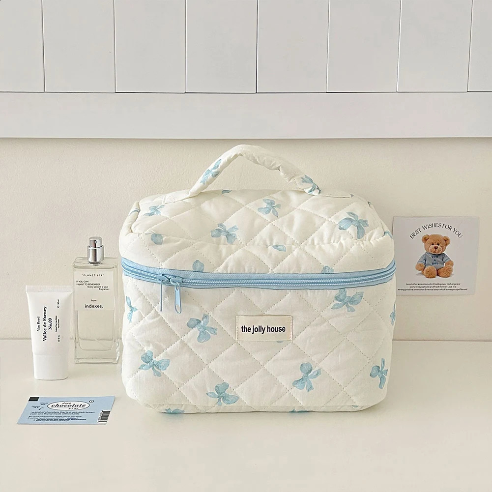 Cute Bow Travel Makeup Pouch with Zipper Toiletry Bag Cotton Quilted Organizer Storage for Women Girls 250528