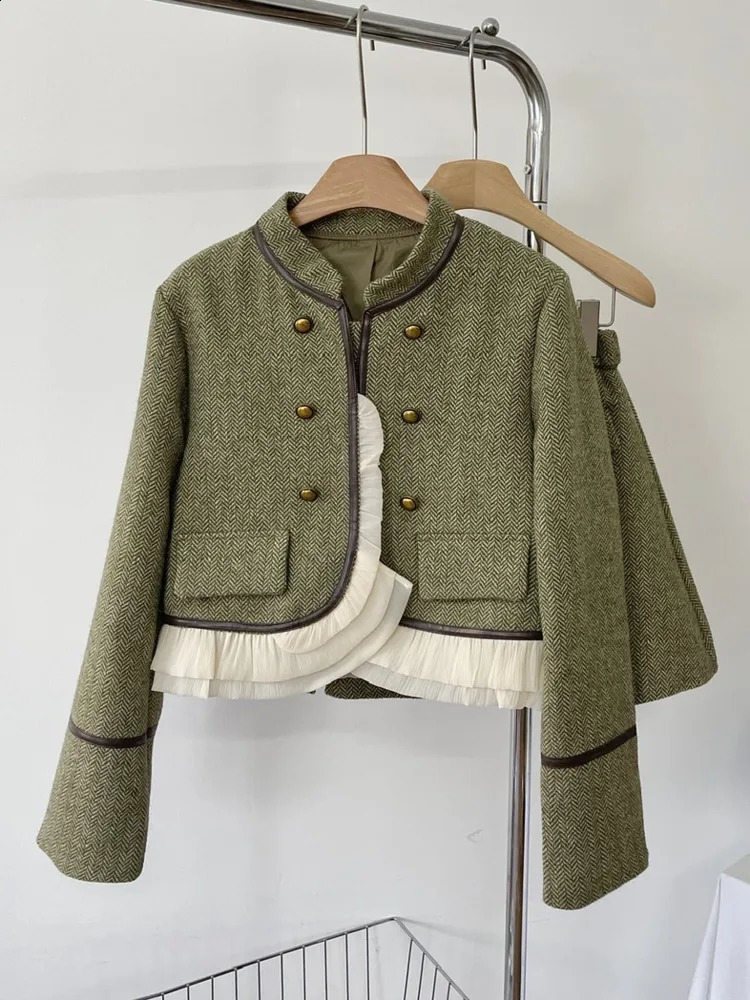 Vintage French tweed twopiece set womens stand up collar pleated short jacket jacketpleated skirt 2piece dress 240828