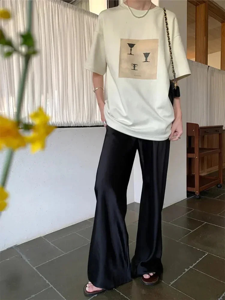 Deeptown satin wide leg pants womens elegant beige Trouser casual bag Korean style summer office wear black 240829