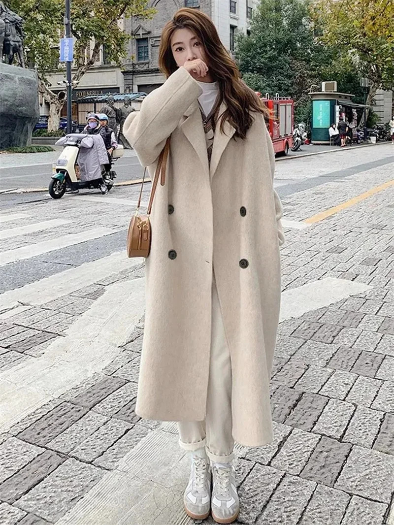 Pink wool coat womens medium long autumn and winter item Korean version loose fit and version Hepburn style small wool coat 240828