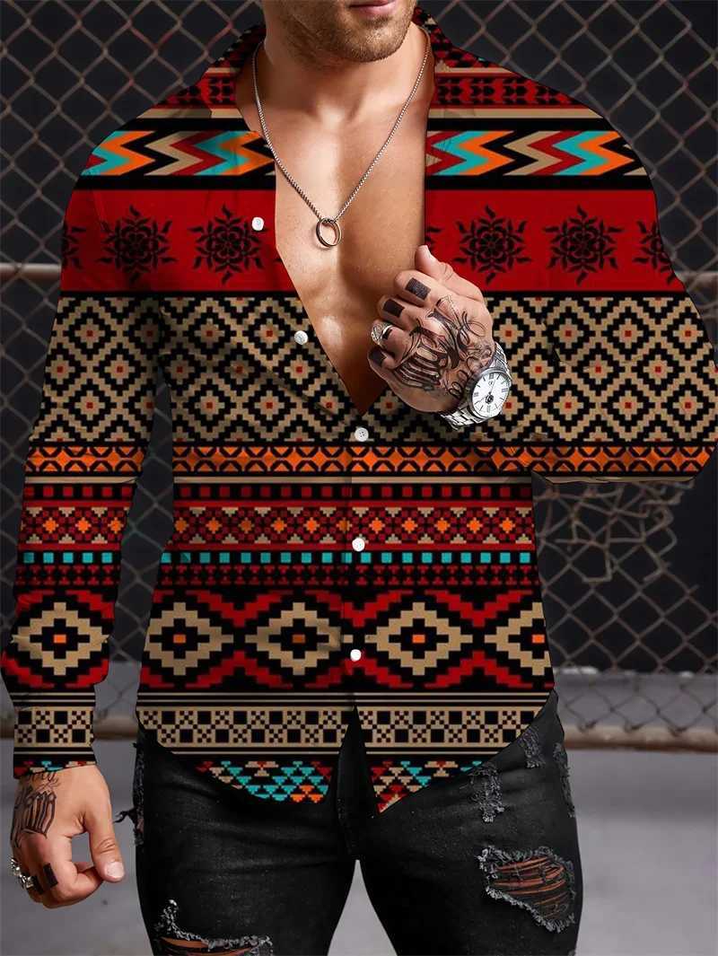 2023 Mens Long Sleeve Shirt Harajuku Vintage Pattern Polo Collar Fashion Casual Luxury Top S-5XLXJ240828