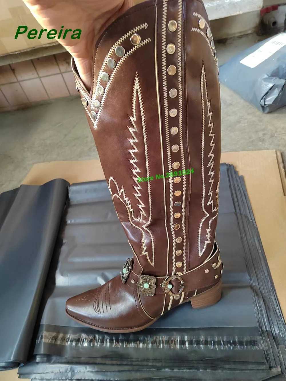 Embroidered Cowboy Square Toe Chunky Heels Metal Decorative Knee Boots Casual Winter Latest Size 46 Womens Y240829IEN2