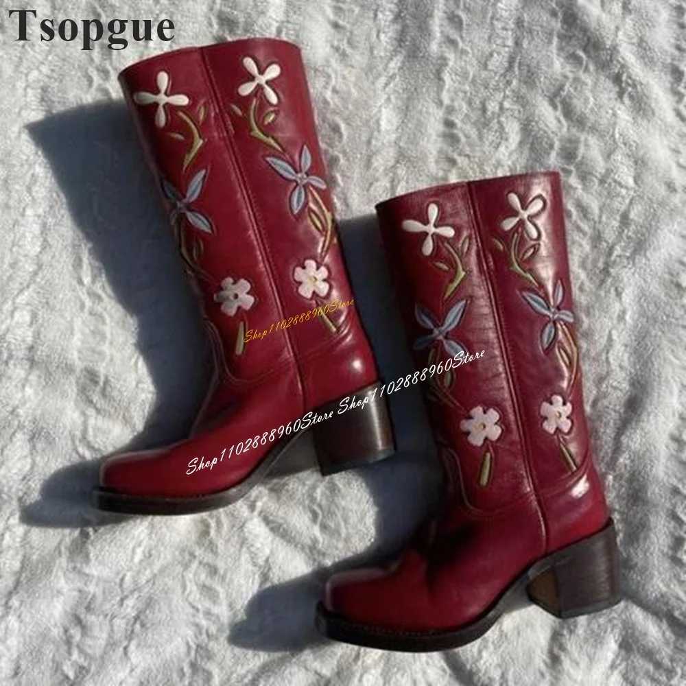 Boots Western Mid Calf Big Size Flower Stylish Boots Thick Heel Womens Shoes Slip on Round Toes 2024 Fashion Zapatos Para Mujere Z260425