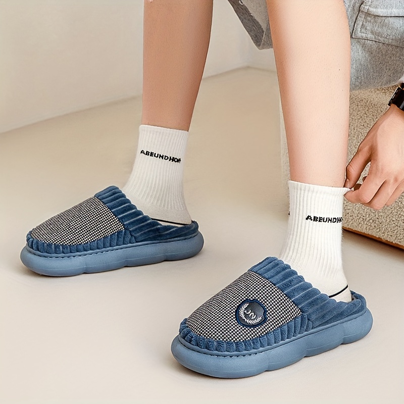 Vintage Houndstooth Round Toe Memory Foam Slippers - Soft, Plush, Cozy, Anti-skid, Slip-on Shoes for Men - Winter Indoor Shoes with Fabric Insole, PVC