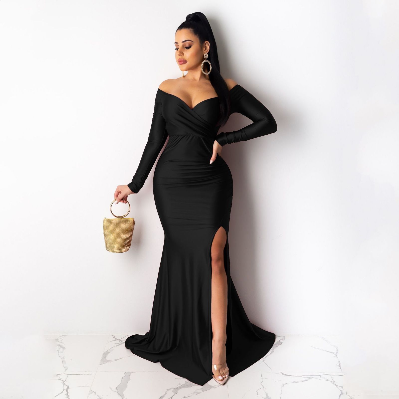 Deep V Neck Full Sleeved Pleated Long Evening Party Dress Stretch Satin Floor Length Event Gown Prom Robe 210915