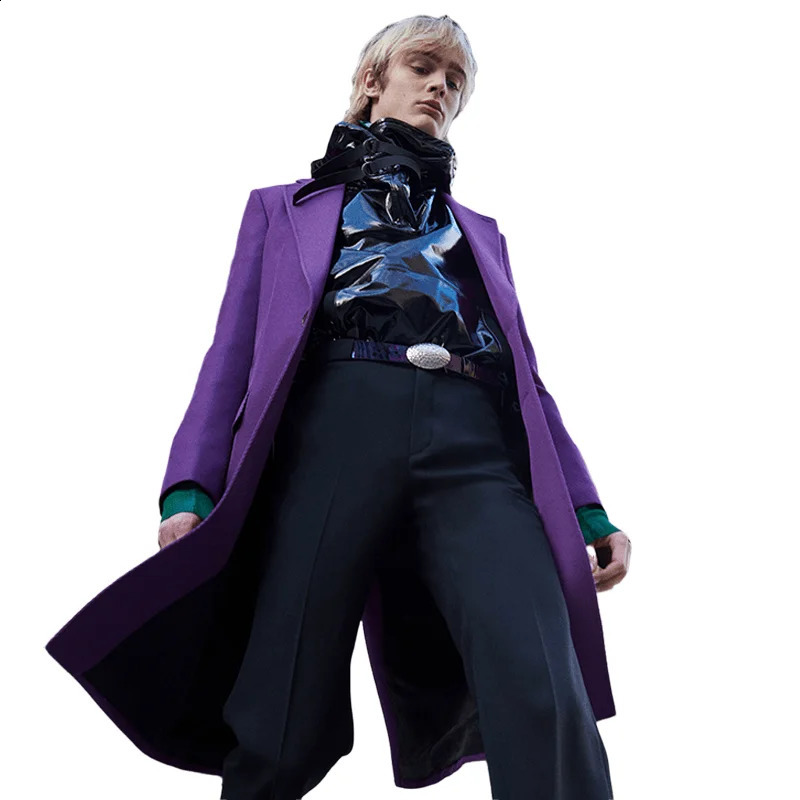 Mens double-sided medium length cashmere coat winter fashion trend purple charm retro casual wool loose windshield 240828