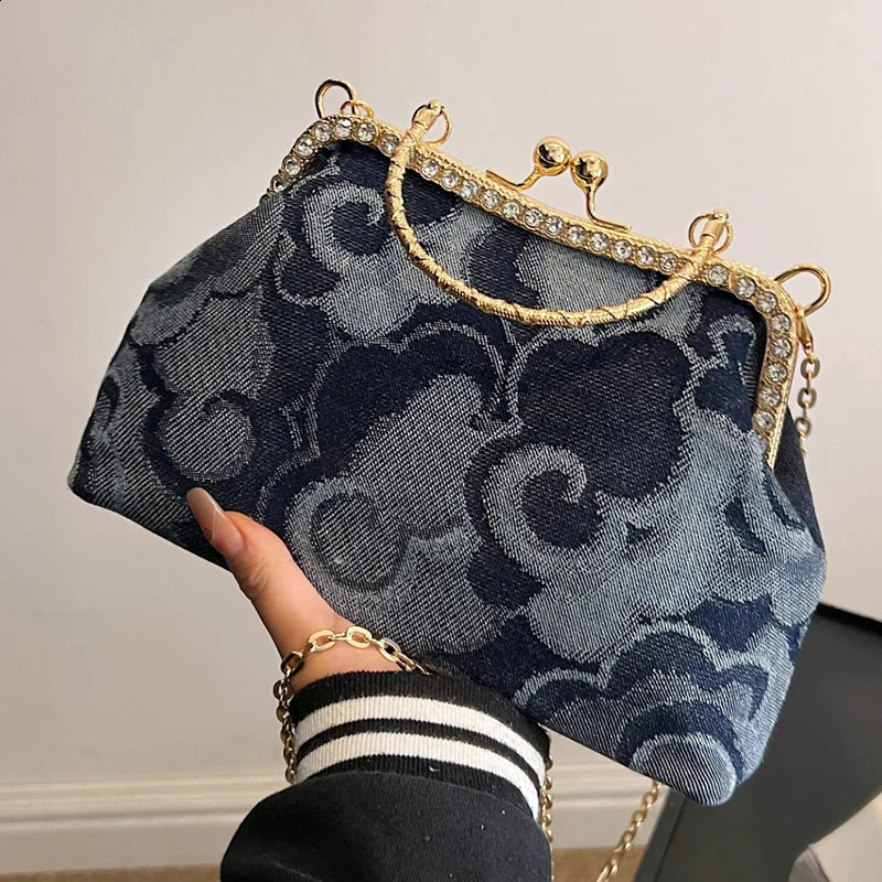 Vintage Women Crystal Denim Chain Shoulder Bags Metal Handle Kiss Lock Crossbody Bags Kiss Lock Frame Evening Clutch 240828