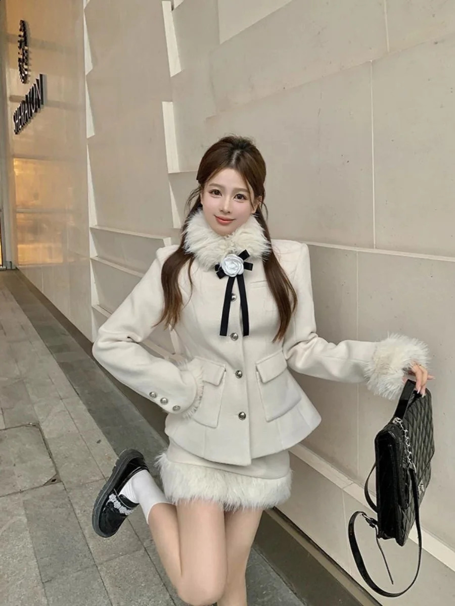 UNXX coarse woolen fur collar coat rich heiress set womens office ladies autumn and winter pencil skirt twopiece short sleeved dress 240828