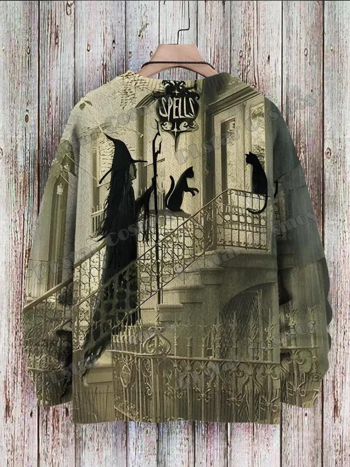Halloween wizard crow retro art pattern 3D printing mens knitted floral winter unisex casual knitted floral sweater ZZM125 240829