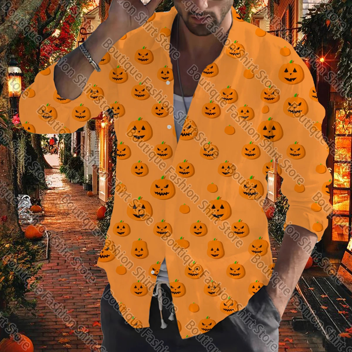 Halloween mens autumn and winter mens clothing sleeping button lapel soft and comfortable street outdoor party top 240829