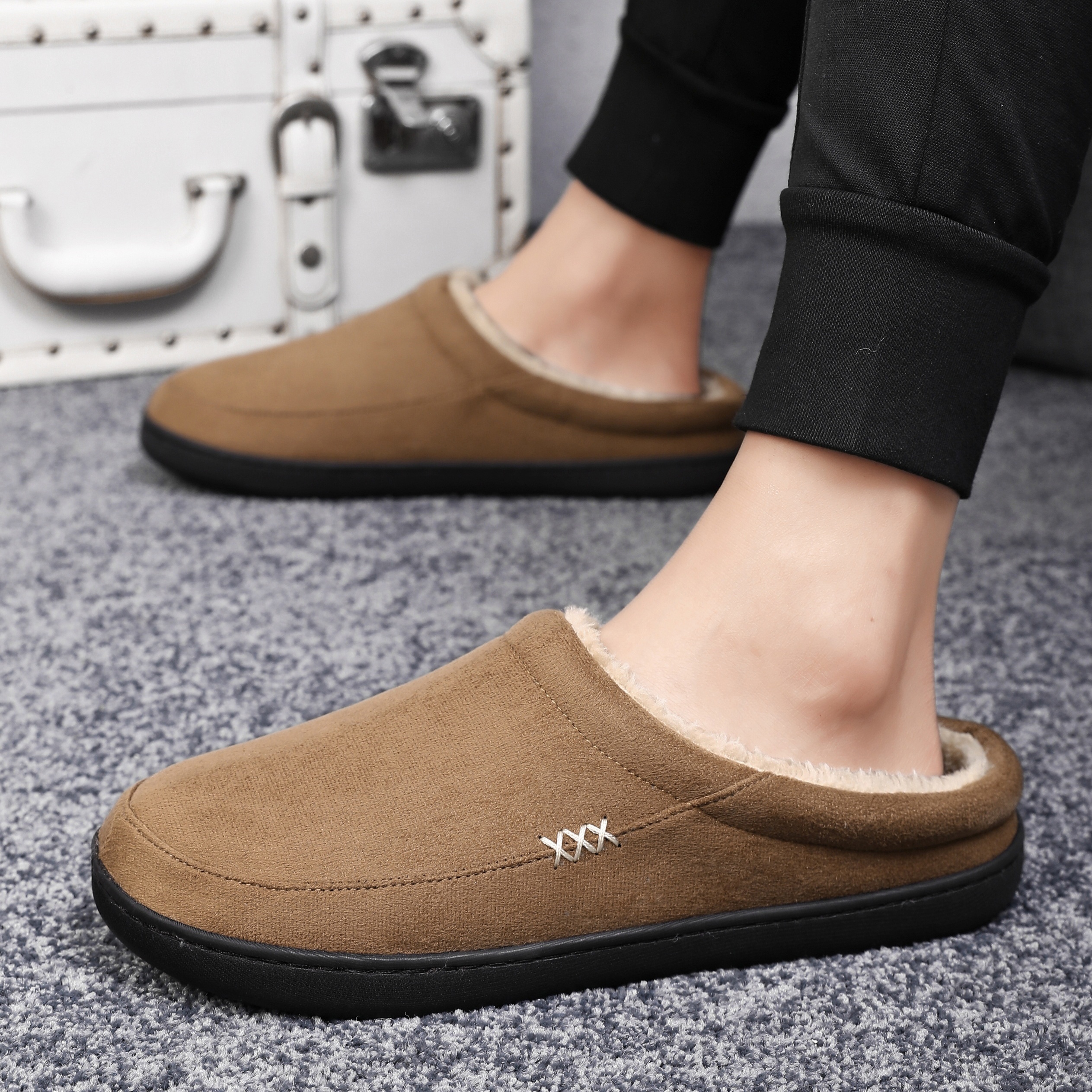 PLUS SIZE Mens Solid Ultra-Cozy House Slippers - Lightweight, Ventilated & Anti-Skid - Plush Fleece Lined Slip-ons for Effortless Indoor - Ideal for A