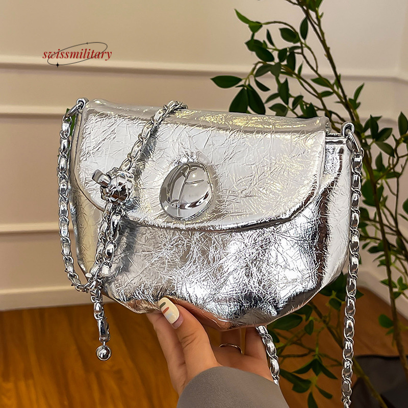Swissmilitary Silver pleated for women 2024 new niche design chain shoulder crossbody bag, high-end and fashionable saddle bag #27
